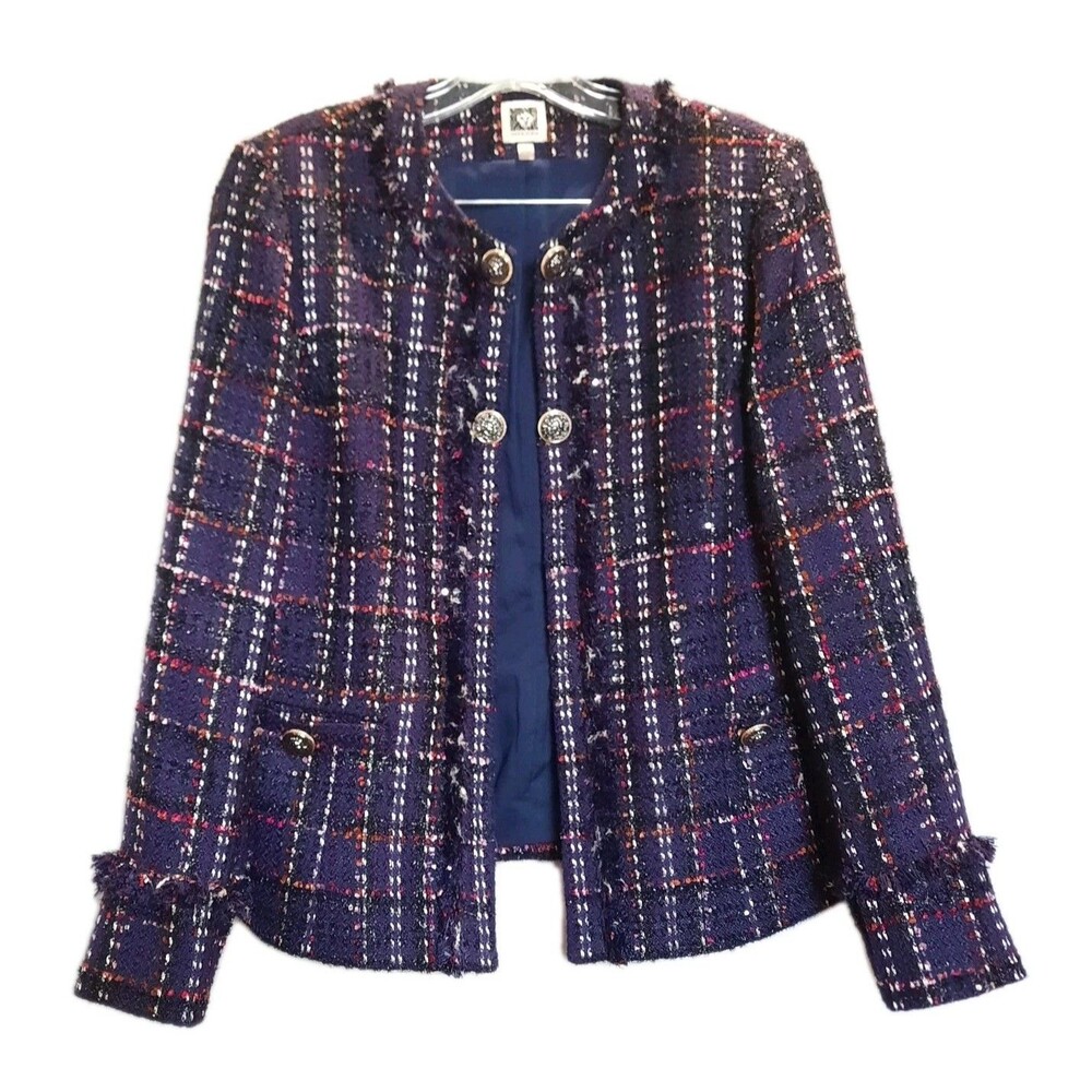 Anne Klein Women's Open-Front Long-Sleeve Tweed Fringe Purple/Black Jacket Sz 8